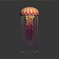Vibrant Jellyfish with Pink and Orange Bell and Flowing Purple Tentacles Surrounded by Ornamental Circles