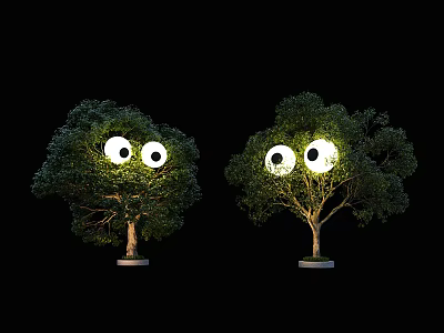 Two Arbor Trees Featuring Glowing Round Eyes On Black Background 3d model