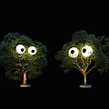 Two Arbor Trees Featuring Glowing Round Eyes On Black Background 3d model