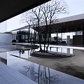 Garden Landscape Design For Modern Entrance With White Pillars Wooden Ceiling And Open Courtyard