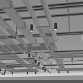 Industrial Style Suspended Ceiling With Metal Framework Exposed Pipes Grid Panels And Recessed Lighting