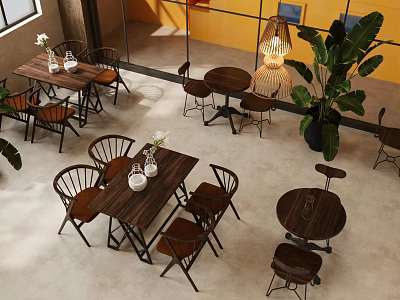 Modern Dining Area With Stylish Wooden Table Chair Sets Green Plants And Warm Lighting 3d model