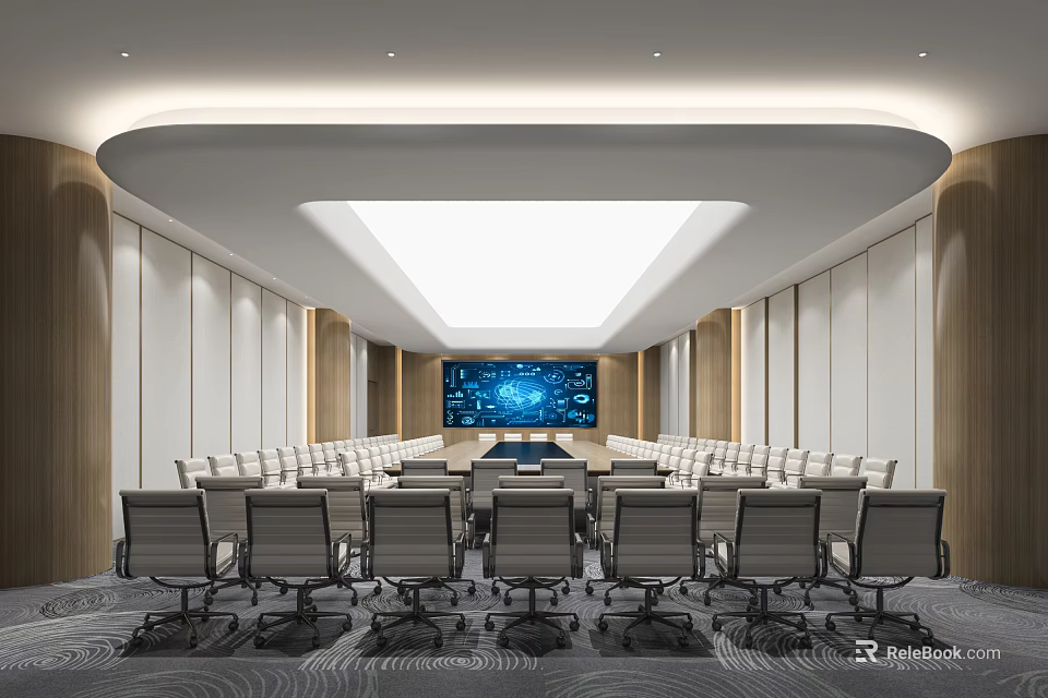Modern Conference Room With Neatly Arranged Chairs Large Screen And Contemporary Lighting 3d model 