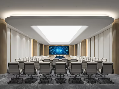 Modern Conference Room With Neatly Arranged Chairs Large Screen And Contemporary Lighting 3d model