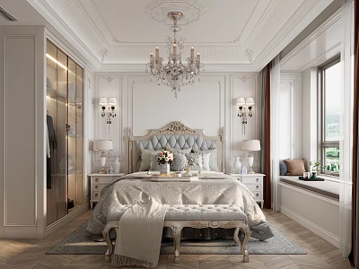 Elegant Bedroom Interior With Tufted Headboard Crystal Chandelier And White Paneled Walls 3d model
