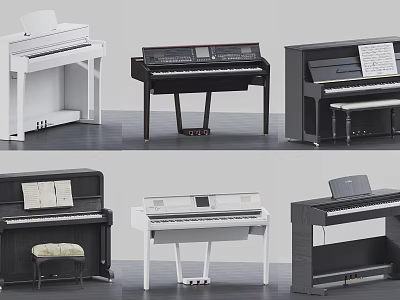 Various Styles Pianos In White Black Colors With Stools And Music Sheets 3d model