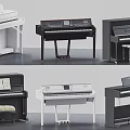 Various Styles Pianos In White Black Colors With Stools And Music Sheets