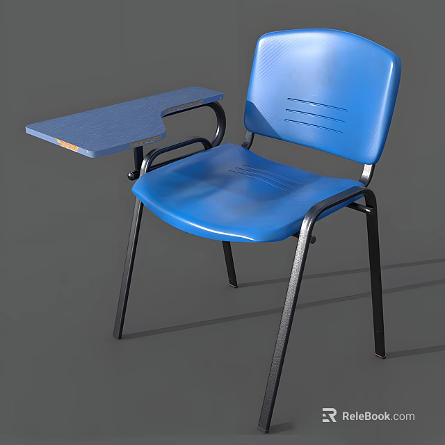 Blue Single Chair with Black Metal Frame and Attached Table Tray 3d model 