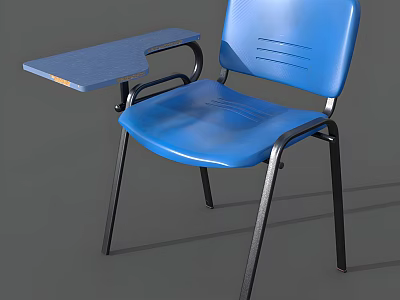 Blue Single Chair with Black Metal Frame and Attached Table Tray 3d model