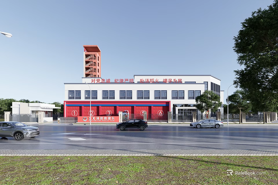 Modern Red Fire Station Exterior With Training Tower Fire Trucks And Street Trees 3d model 