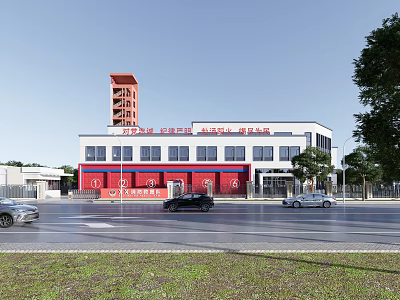 Modern Red Fire Station Exterior With Training Tower Fire Trucks And Street Trees 3d model
