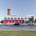 Modern Red Fire Station Exterior With Training Tower Fire Trucks And Street Trees