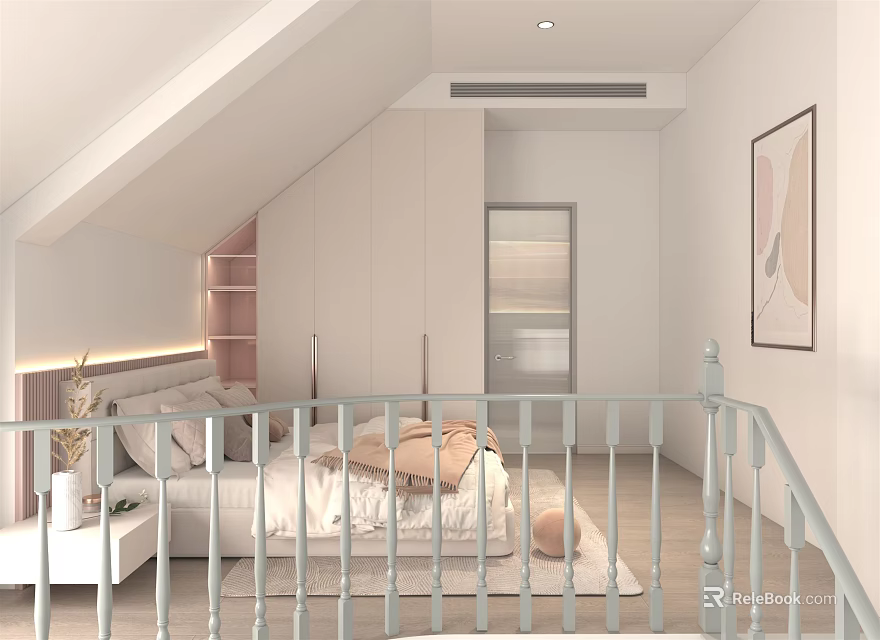 Cozy Modern Kids Room Interior With Sloped Ceiling White Guardrail Bed Rug And Wall Art 3d model 