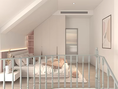 Cozy Modern Kids Room Interior With Sloped Ceiling White Guardrail Bed Rug And Wall Art 3d model