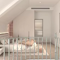 Cozy Modern Kids Room Interior With Sloped Ceiling White Guardrail Bed Rug And Wall Art