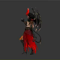 Fantasy Demoness With Red Horns Black Wings Red Skirt Tail And Flaming Torch