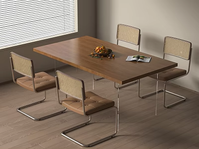 Modern Wooden Dining Table Set With Metal Frame Chairs And Decorative Fruit Bowl 3d model