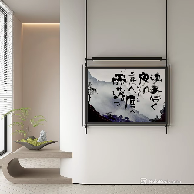 Abstract Painting With Ink Style Hanging On White Wall In Modern Interior Space 3d model 