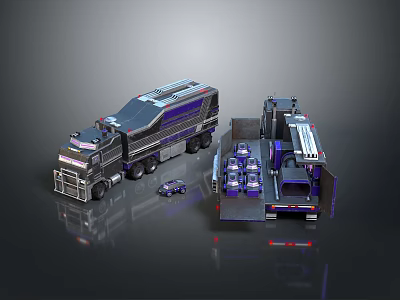 Large Dark Metal Transport Trucks With Loading Platform And Small Car Model 3d model