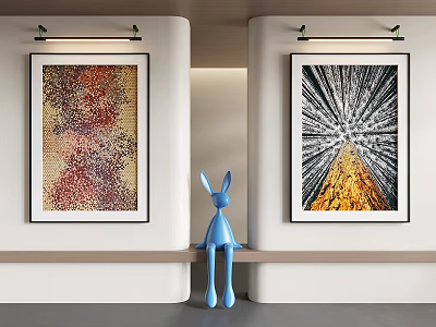 Two Abstract Paintings Hanging On Wall With Blue Rabbit Sculpture In Modern Interior 3d model