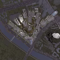 Aerial View Planning Of Modern High Rise Residential Complex With River Road And Green Spaces