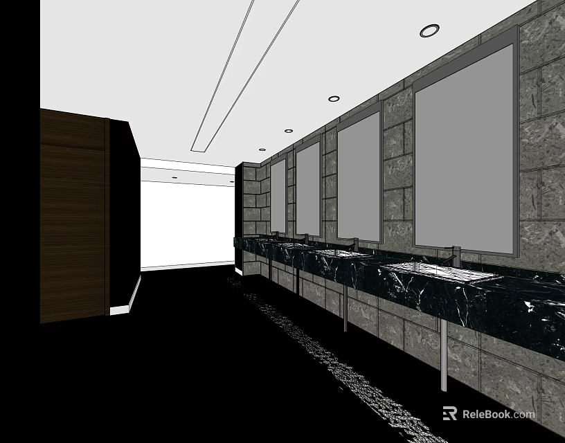 Public Restroom Design With Multiple Sinks Mirrors Stone Walls And Lighting 3d model 