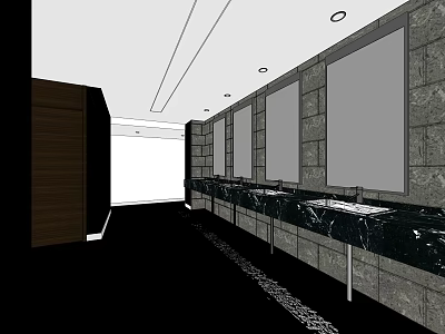 Public Restroom Design With Multiple Sinks Mirrors Stone Walls And Lighting 3d model