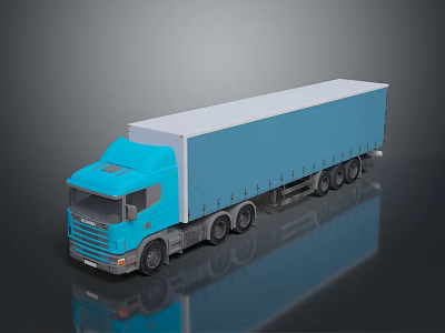 Blue Cargo Truck With White Roof And Trailer On Shiny Black Surface 3d model