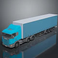 Blue Cargo Truck With White Roof And Trailer On Shiny Black Surface