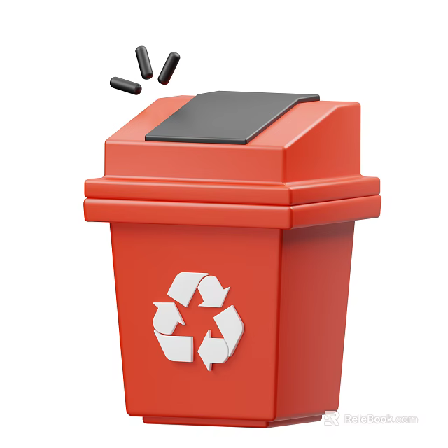 Red Recycling Bin With Black Lid And Recycling Symbol Having Trash Thrown Into It 3d model 