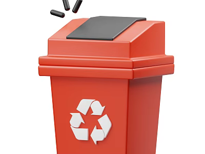 Red Recycling Bin With Black Lid And Recycling Symbol Having Trash Thrown Into It 3d model