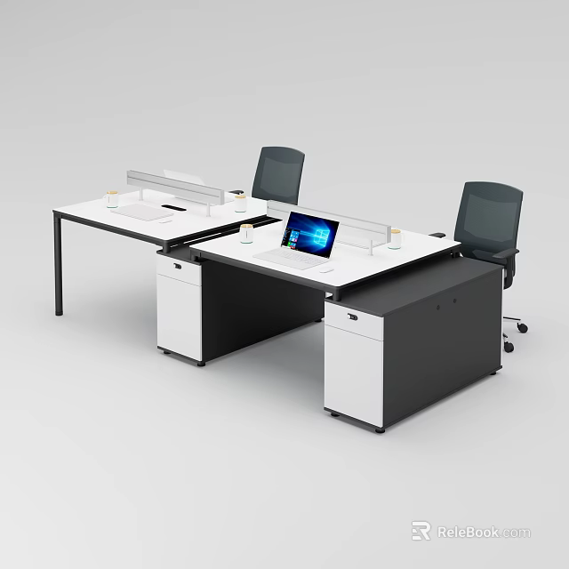 Modern Minimalist Office Desk With Dual Workstation Partition Divider Laptop Storage Drawers And Ergonomic Chairs 3d model 
