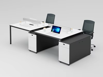 Modern Minimalist Office Desk With Dual Workstation Partition Divider Laptop Storage Drawers And Ergonomic Chairs 3d model