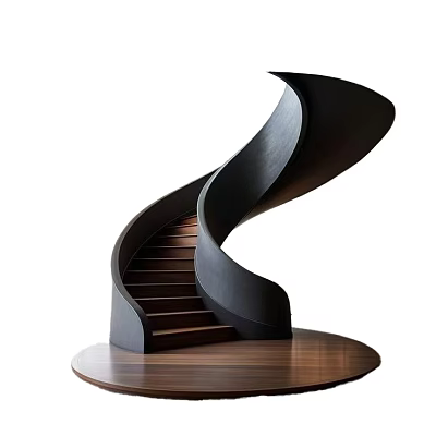 Modern Spiral Staircase Interior With Elegant Curved Black Handrail And Wooden Steps 3d model
