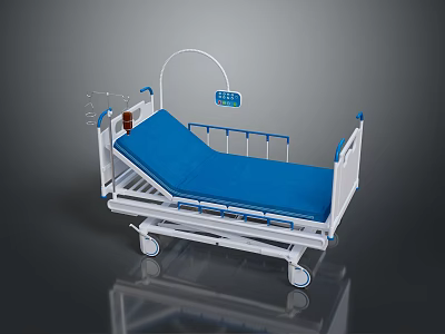 Modern Medical Hospital Bed With Blue Mattress White Frame Wheels And Display Screen 3d model