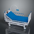 Modern Medical Hospital Bed With Blue Mattress White Frame Wheels And Display Screen