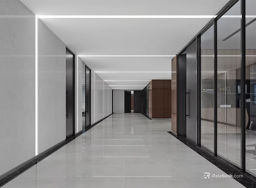 Modern Office Corridor Interior Design With Glass Partitions White Walls And Sleek Flooring 3d model 
