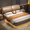 Modern Double Bed with Leather Headboard Flower Pillow Striped Blanket Nightstands and Ambient Lighting
