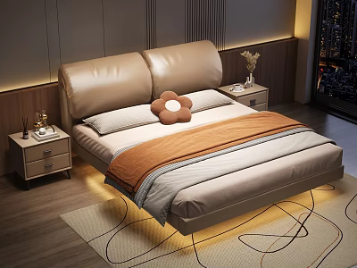 Modern Double Bed with Leather Headboard Flower Pillow Striped Blanket Nightstands and Ambient Lighting 3d model