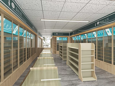 Spacious Specialty Store Interior With Wooden Shelves And Glass Display Cabinets 3d model