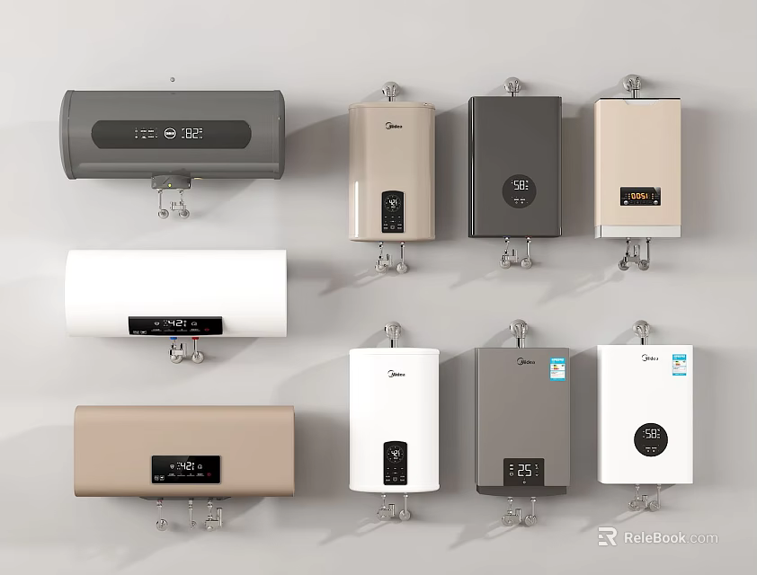 Various Wall Mounted Water Heaters With Digital Display In Different Colors 3d model 