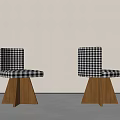 Modern Minimalist Dining Chairs With Black White Checkered Pattern And Wooden Triangular Base 3d model