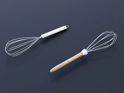 Stainless Steel Kitchen Whisks With Metal And Wooden Handles For Cooking Tools 3d model