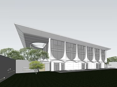 Modern Large Building With White Exterior Curved Windows Sloped Roof And Trees Around 3d model