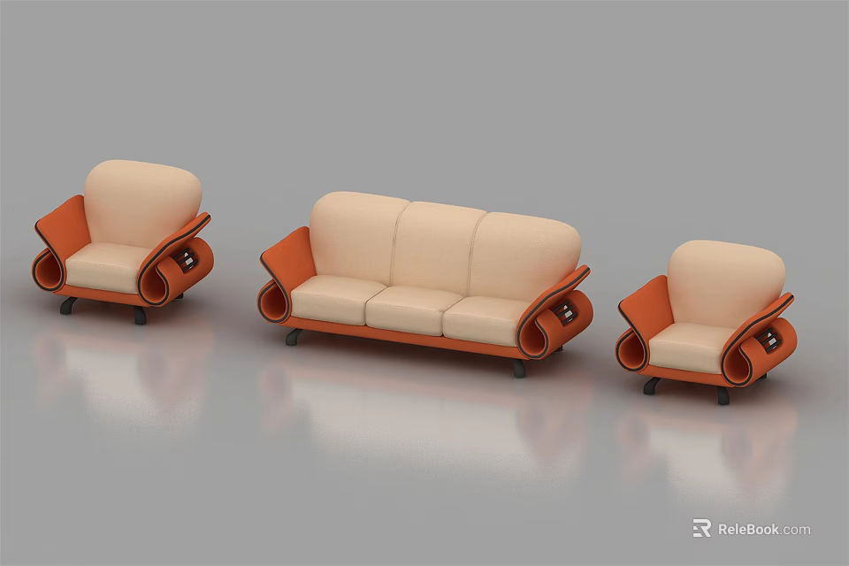 Modern Three Piece Sofa Set Featuring Light Beige Upholstery Orange Armrests And Curved Design 3d model 