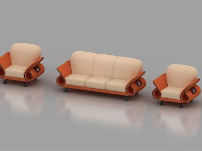 Modern Three Piece Sofa Set Featuring Light Beige Upholstery Orange Armrests And Curved Design 3d model