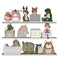 Cute Stuffed Animal Dolls Including Unicorn Deer Fox Dinosaur On Shelves With Storage Baskets