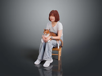 A Woman Sitting On Wooden Chair Holding Orange White Cat In Casual Outfit 3d model