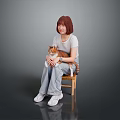 A Woman Sitting On Wooden Chair Holding Orange White Cat In Casual Outfit
