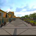 Traditional Chinese Commercial Street With Yellow Roofs Green Umbrellas And Outdoor Dining Areas